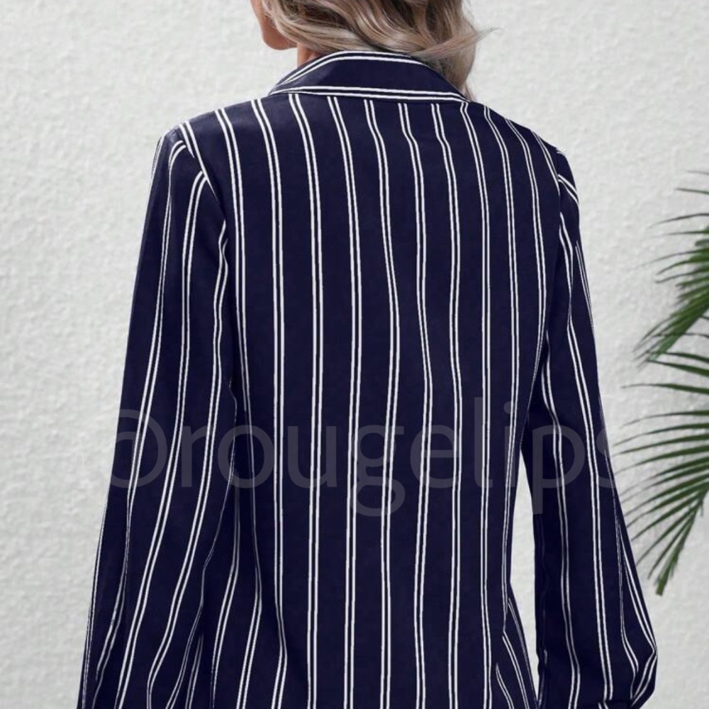 Navy Blue White Striped Shirt Button Up / Down Long Sleeve, Collar - Picture 5 of 12